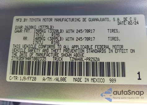 2024 Toyota Tacoma Sr5 z USA, uszkodzony, nr VIN 3TYKB5FN4RT002335